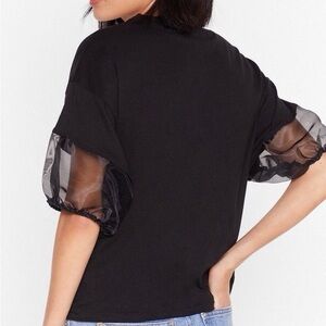 Zara Classic Black T-Shirt featuring Puffy Organza Balloon Sleeves - small